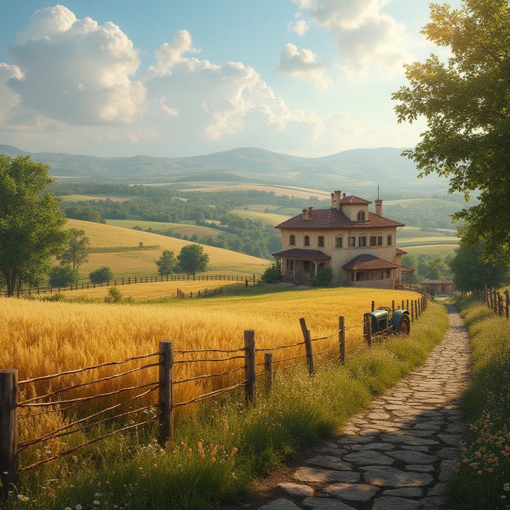 Prompt: Romanesque villa, farmhouse, countryside, rural landscape, vast open fields, rolling hills, golden wheat, green pastures, scattered trees, vintage tractor, rusty farm tools, stone path, wooden fence, blooming wildflowers, sunny afternoon, warm soft lighting, 3/4 composition, panoramic view, depth of field, cinematic ambiance, idyllic serenity.