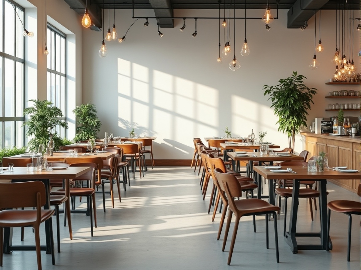 Prompt: Modern dining hall, minimalist Bauhaus style, rectangular tables, metal legs, wooden chairs, leather cushions, geometric patterns, simple lines, clean shapes, white walls, large windows, natural light, greenery, potted plants, industrial chic lighting fixtures, polished concrete floor, functional decor, simplicity and elegance, 3/4 composition, low-angle shot, warm and soft ambient lighting.