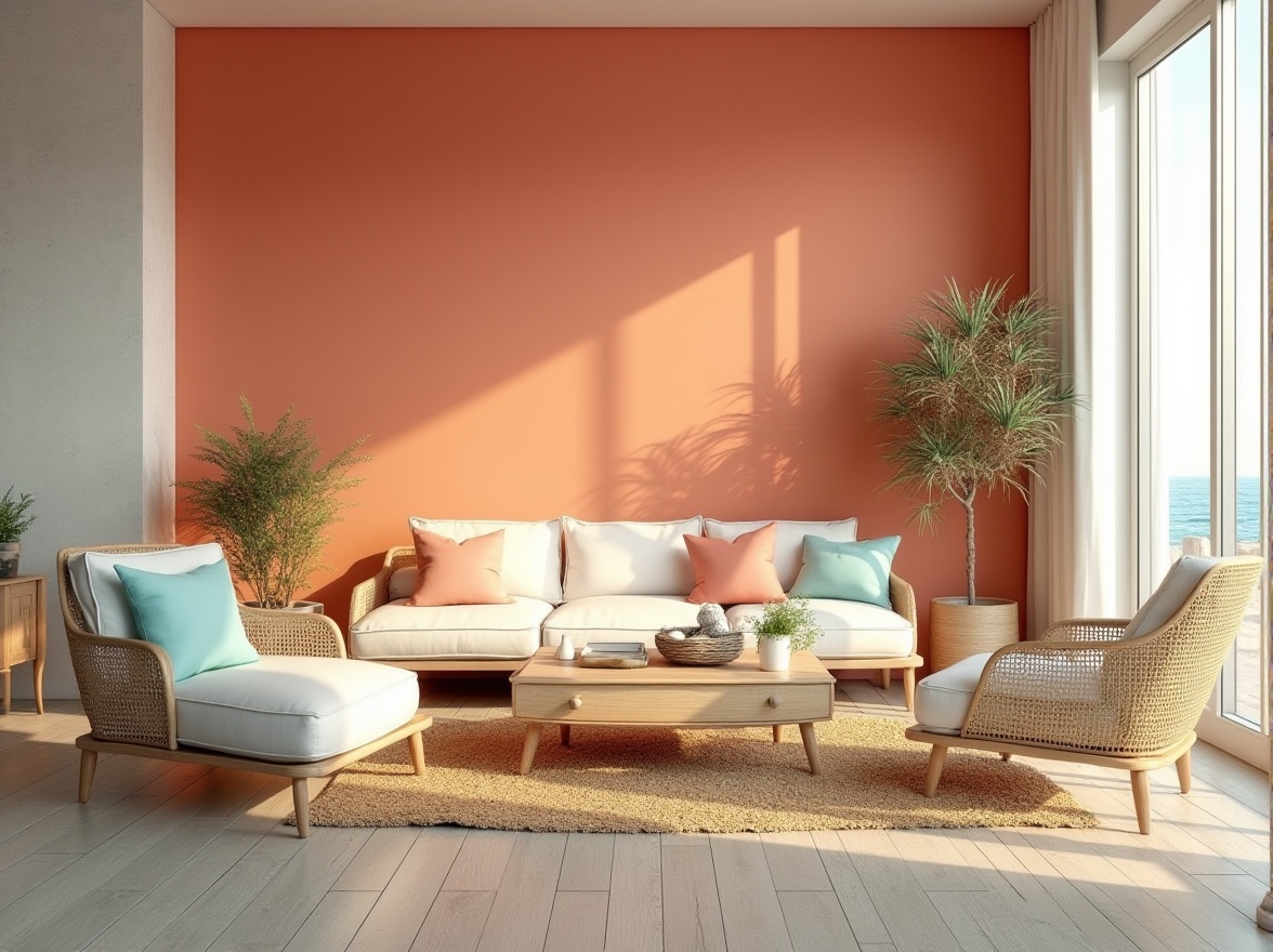 Prompt: Tangerine accent wall, beach modernism interior, coastal vibe, natural materials, wicker furniture, sea salt white, driftwood grey, coral pink, turquoise accents, greenery plants, rattan decor, linen upholstery, jute rug, ocean view, large windows, minimal ornaments, soft warm lighting, relaxed atmosphere.