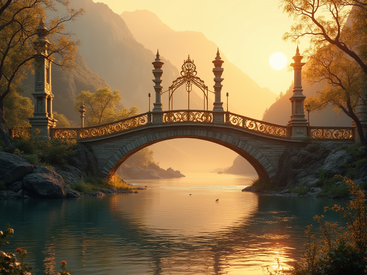 Prompt: Golden bridge, majestic architecture, ornate details, sunset hues, warm golden light, reflective water surface, gentle ripples, tranquil atmosphere, distant mountains, misty veil, soft focus, warm ambient lighting, grandeur composition, 3/4 view, symmetrical balance, natural stone material, rusted metal accents, lush greenery, vibrant flowers, serene riverbank setting.