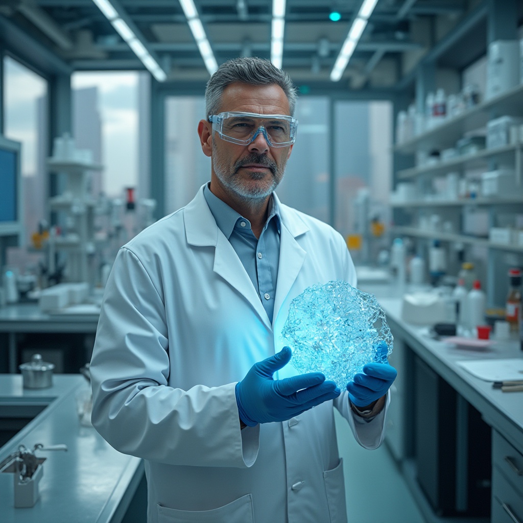 Prompt: High-tech laboratory, futuristic scientist, middle-aged man, lab coat, goggles, gloves, holding polycarbonate sheet, detailed molecular structure, transparent background, softbox lighting, shallow depth of field, industrial ambiance, metallic tables, various scientific equipment, modern architecture, glass walls, cityscape view.