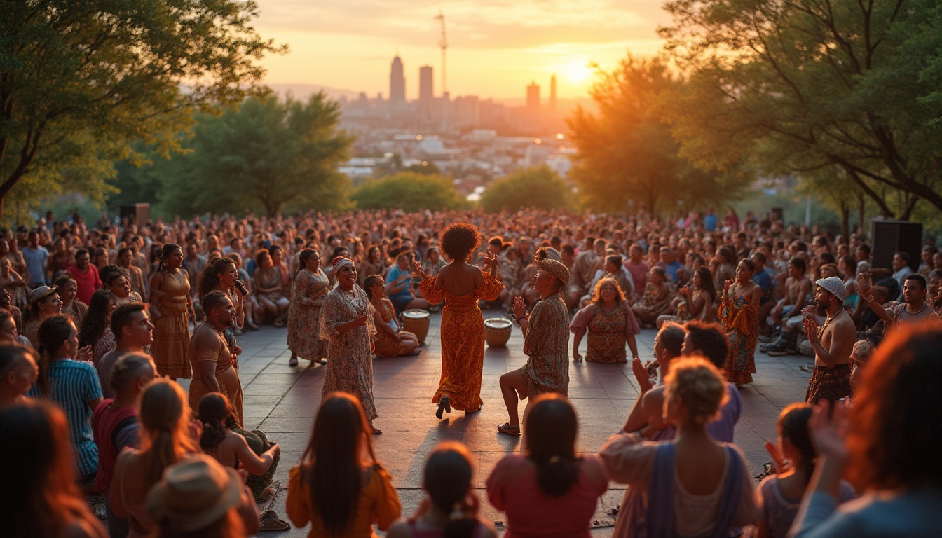 Prompt: Vibrant community scene, outdoor amphitheater, diverse group of people, all ages, laughing, clapping, enjoying live performance, colorful costumes, energetic dancers, musicians with instruments, lively drummers, beautiful singer with microphone, dynamic choreography, cultural fusion, traditional attire, African, Latin, Asian influences, warm summer evening, sunset backdrop, city skyline, green trees surrounding the stage, soft golden lighting, dramatic spotlights, joyful atmosphere, sense of togetherness.