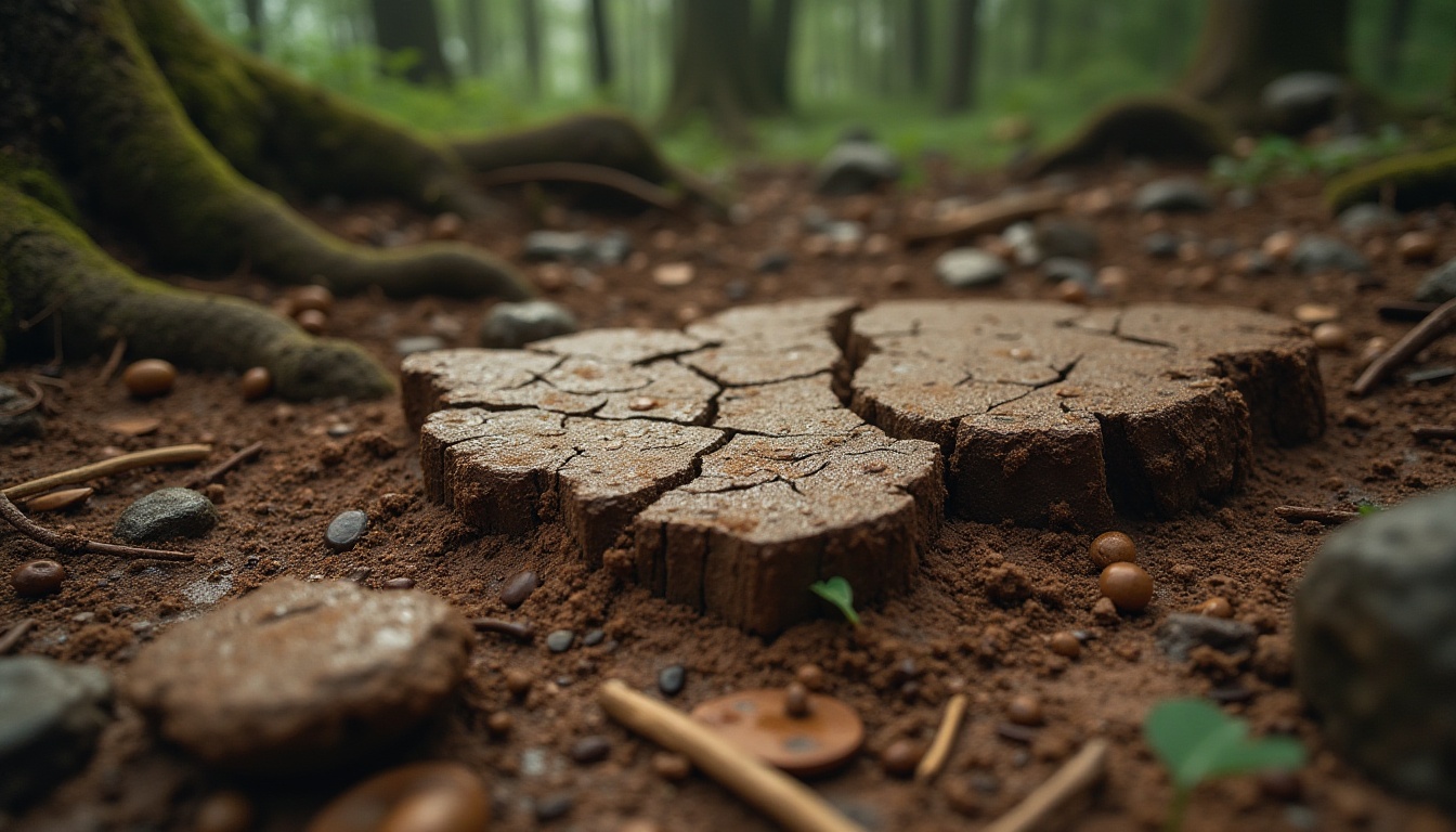 Prompt: Muddy ground, natural texture, earthy tone, cracked surface, rough edges, irregular shape, sloppy consistency, drippy effect, artistic abstraction, surrealism atmosphere, close-up shot, dramatic lighting, warm color palette, rustic theme, outdoor setting, forest floor, tree roots, tangled vines, misty ambiance.