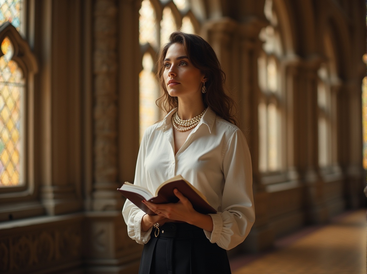 Prompt: Mature lady, professor, solo, (35yo), elegant detailed eyes, subtle makeup, curly brown hair, pearl necklace, white blouse, high-waisted pencil skirt, black tights, loafers, holding a book, standing, watching, Gothic towers, intricate stone carvings, stained glass windows, grandeur atmosphere, warm golden lighting, soft focus, cinematic composition, 3/4 view, European architecture, Renaissance style, historic landmark, beautiful detailed background.