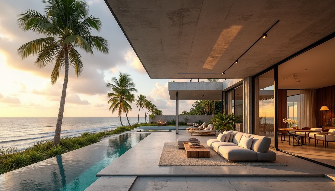 Prompt: Beach modernism design, luxurious villa, oceanfront, palm trees, infinity pool, sleek lines, minimalist decor, large windows, sliding glass doors, open-plan living room, high ceilings, polished concrete floor, natural materials, reclaimed wood accents, neutral color palette, soft ambient lighting, cozy reading nook, plush sectional sofa, nautical rope details, tropical plants, outdoor shower, sunset view, warm golden light, cinematic composition, 3/4 angle shot.