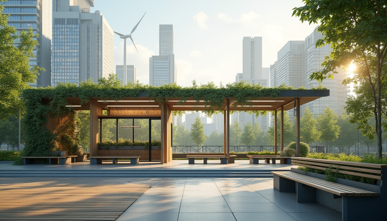 Prompt: Modern bus station, sustainable design, eco-friendly materials, green roof, solar panels, wind turbines, recycling facilities, LED lighting, natural ventilation, energy-efficient systems, wooden benches, living walls, urban garden, cityscape view, morning sunlight, soft shadows, 3/4 composition, shallow depth of field, realistic rendering.