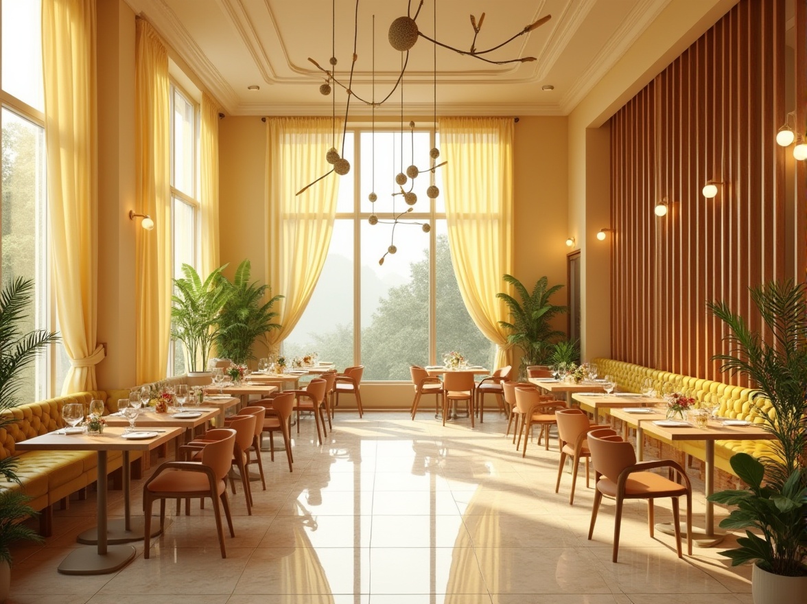 Prompt: Light yellow color, dining hall design, bright atmosphere, warm ambiance, large windows, natural light, minimalist modern interior, wooden tables, metal chairs, green plants, decorative chandeliers, soft fabric curtains, beige walls, marble floors, elegant candle holders, beautiful centerpieces, 3/4 composition, panoramic view, overhead lighting, cozy corner seating area, flower arrangements, fresh fruit displays, warm-toned wood accents.