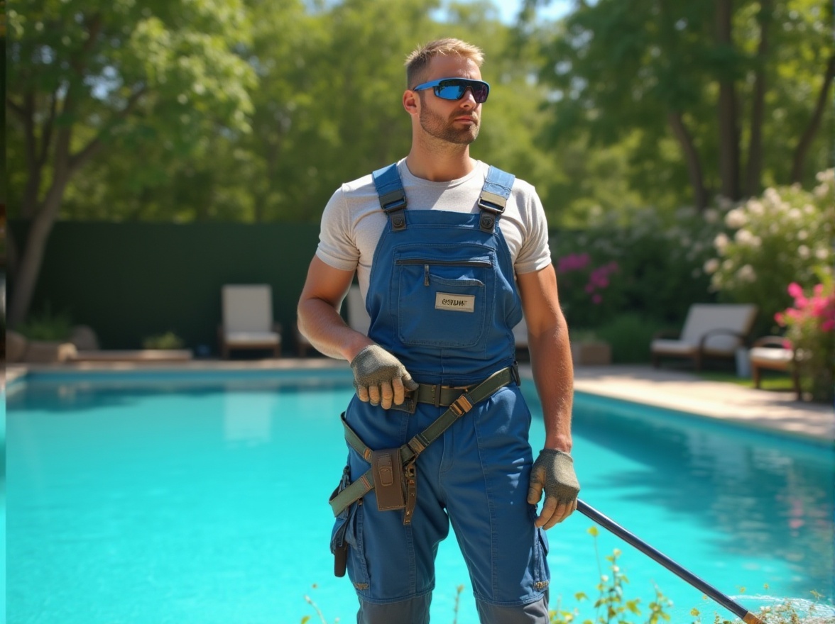 Prompt: Maintenance person, pool technician, male, 30s, muscular build, short hair, blue overalls, tool belt, sunglasses, holding a pool skimmer, standing near the pool, Chukum pool, clear blue water, sunny day, trees surrounding, lush greenery, flowers blooming, garden benches nearby, slight breeze, natural ambient light.