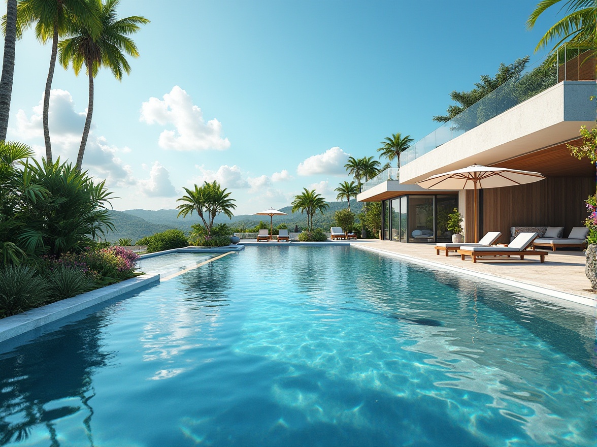 Prompt: Luxurious backyard, modern villa, sunny afternoon, clear blue sky, few white clouds, metabolism style pool, sleek curved lines, infinity edge, sparkling crystal water, gentle ripples, stone deck, lounge chairs, umbrella, tropical plants, palm trees, vibrant flowers, warm lighting, shallow depth of field, 3/4 composition.