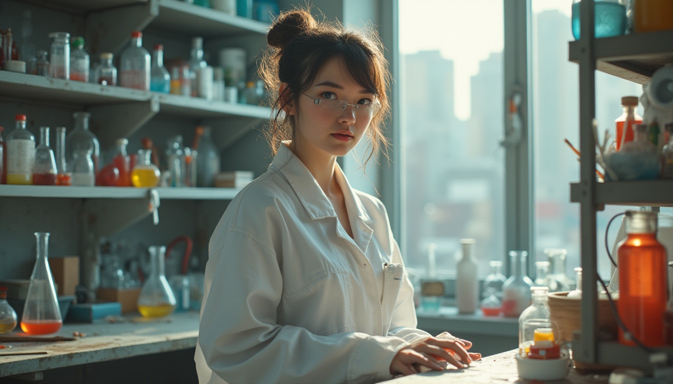 Prompt: Experimental scientist, constructivist style, white lab coat, goggles, messy brown hair, minimal makeup, slender fingers holding a pipette, standing in front of a cluttered laboratory bench, various beakers and test tubes scattered around, colorful chemicals stored on shelves, industrial metal cabinets, modern cityscape outside the window, sunny day, soft natural light, shallow depth of field, 3/4 composition, realistic rendering.