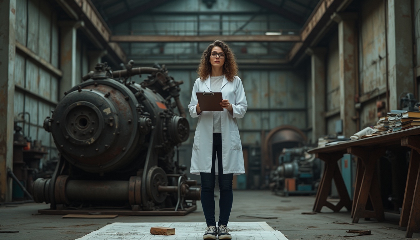 Prompt: Industrial factory, dimly lit interior, steel beams, worn concrete walls, old machinery, rusted pipes, massive engines, intricate gears, academic female, 20s, white lab coat, black-framed glasses, curly brown hair, minimal makeup, white shirt, dark blue jeans, sneakers, holding a clipboard, surrounded by diagrams, notes, and textbooks, standing in front of a large mechanical contraption, softbox lighting, shallow depth of field, realistic texture, cinematic composition.