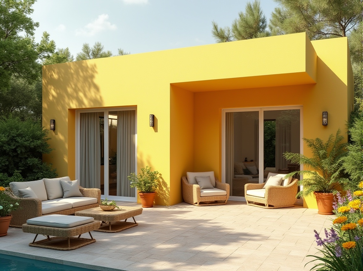 Prompt: Light yellow modern villa, exterior walls with bright light yellow stucco finish, large windows with white frames, sliding glass doors, minimalist decorations, lush greenery surrounding the building, natural stone pavement, outdoor seating area with wicker furniture, soft cushions in light beige color, few potted plants with vibrant flowers, warm sunny day, gentle breeze, shallow depth of field, 3/4 composition, ambient lighting, cinematic atmosphere.