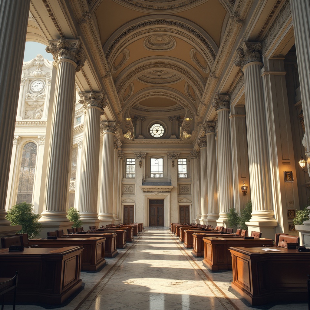 Prompt: Neoclassical architecture, modern bank building, grandiose entrance, Ionic columns, ornate cornice, marble floors, high ceilings, chandeliers, wooden desks, leather chairs, classic clock tower, busy street scene, urban atmosphere, morning light, soft shadows, atmospheric perspective, realistic rendering, detailed textures.