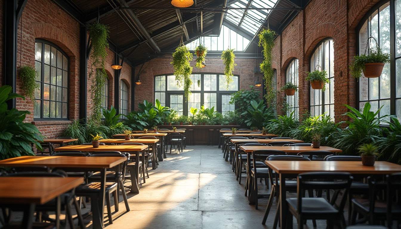 Prompt: Industrial functional space, abandoned warehouse, converted into trendy cafe, exposed brick walls, metal beams, polished concrete floor, industrial-style lighting fixtures, wooden crates as tables, steel chairs, lush greenery, hanging plants, natural light pouring through skylights, urban atmosphere, 3/4 composition, soft focus, warm color tone, shallow depth of field.