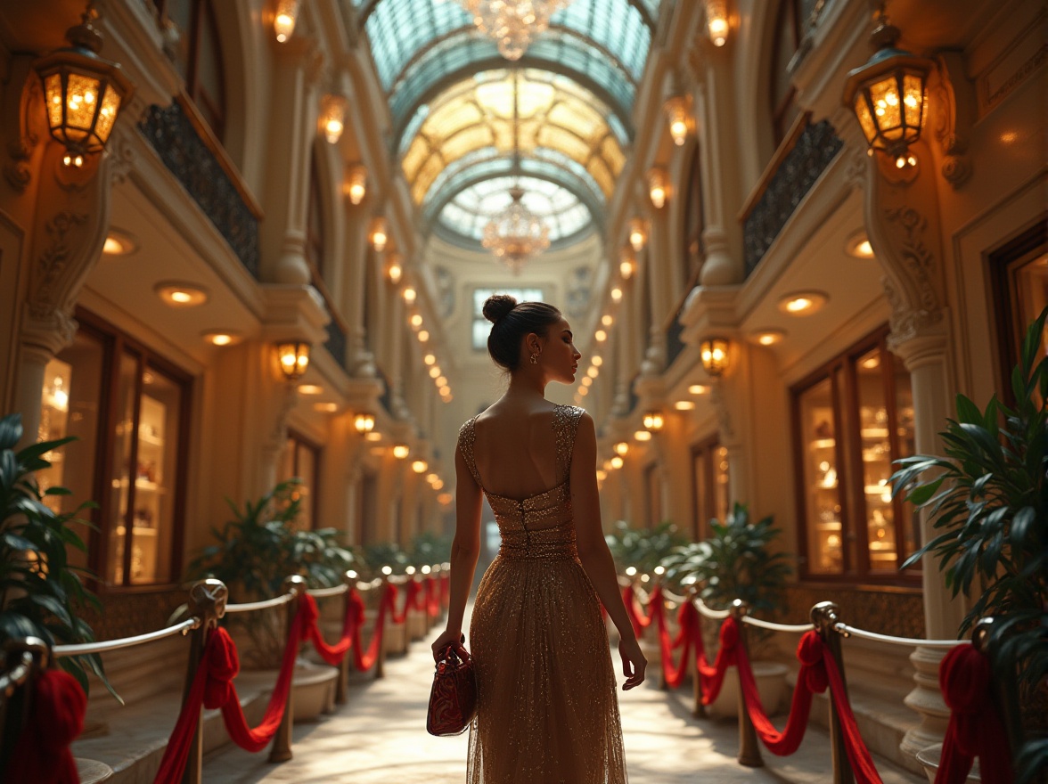 Prompt: Elegant woman, Art Nouveau style, shopping center, luxurious atmosphere, ornate ironwork, flowing curves, organic shapes, stained glass ceiling, intricate mosaics, grand staircase, velvet ropes, marble floors, lavish chandeliers, soft warm lighting, atmospheric perspective, 3/4 composition, cinematic framing, shallow depth of field, elegant makeup, stylish hairstyle, expensive clothing, holding designer handbag, walking slowly, admiring surroundings.