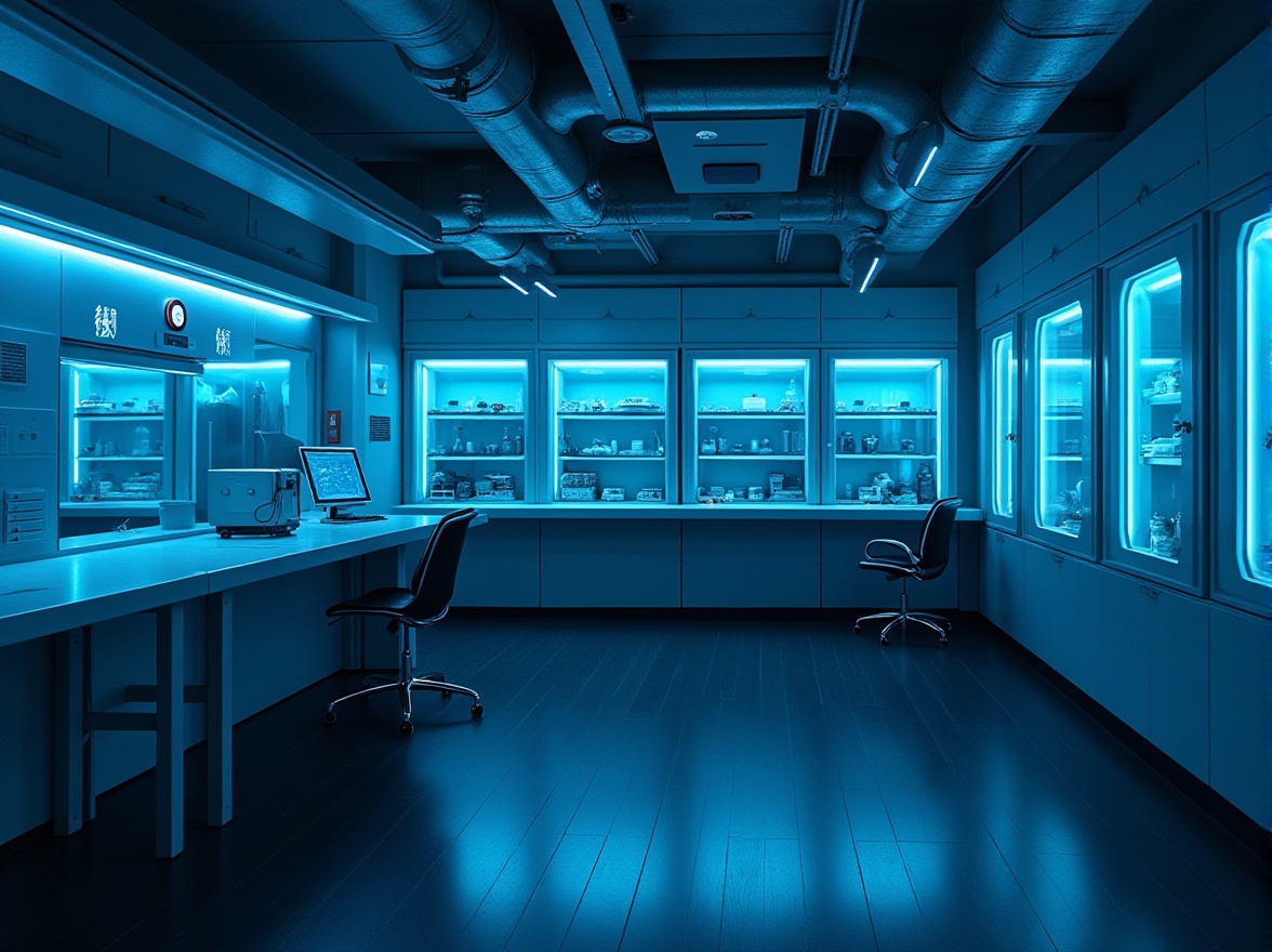 Prompt: Prussian blue dominant, futuristic laboratory interior, sleek metal countertops, minimalist equipment, modernist chair, blue-lit glass cabinets, subtle neon accents, dark hardwood floors, industrial-style lighting fixtures, mysterious ambiance, 3/4 composition, cinematic lighting, shallow depth of field.