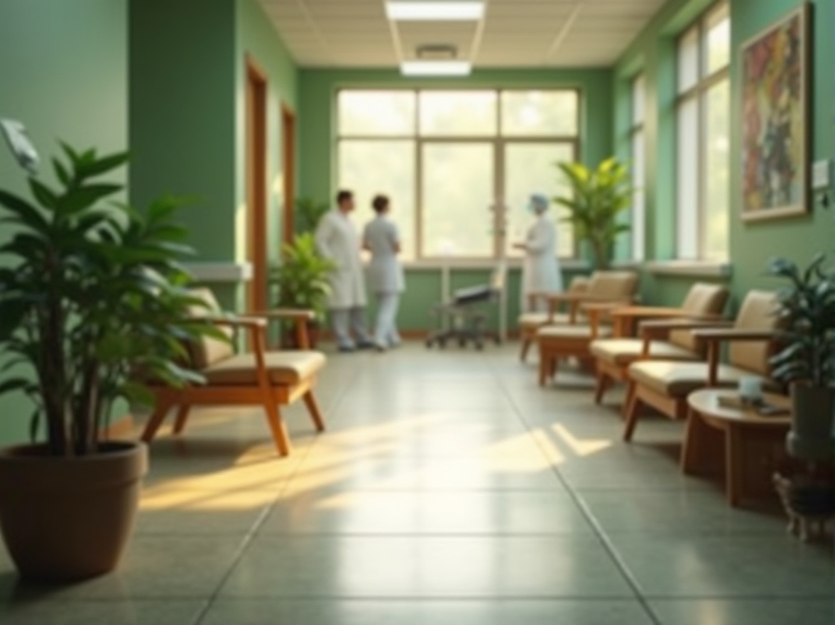 Prompt: calm hospital interior, green walls, natural plants, wooden furniture, comfortable seating area, patients' relaxation zone, warm softbox lighting, gentle shadows, peaceful atmosphere, medical equipment in the background, blurred out of focus, nurses and doctors walking by, subtle movement, shallow depth of field, natural ambiance, earthy tone, calming effect, serene composition.