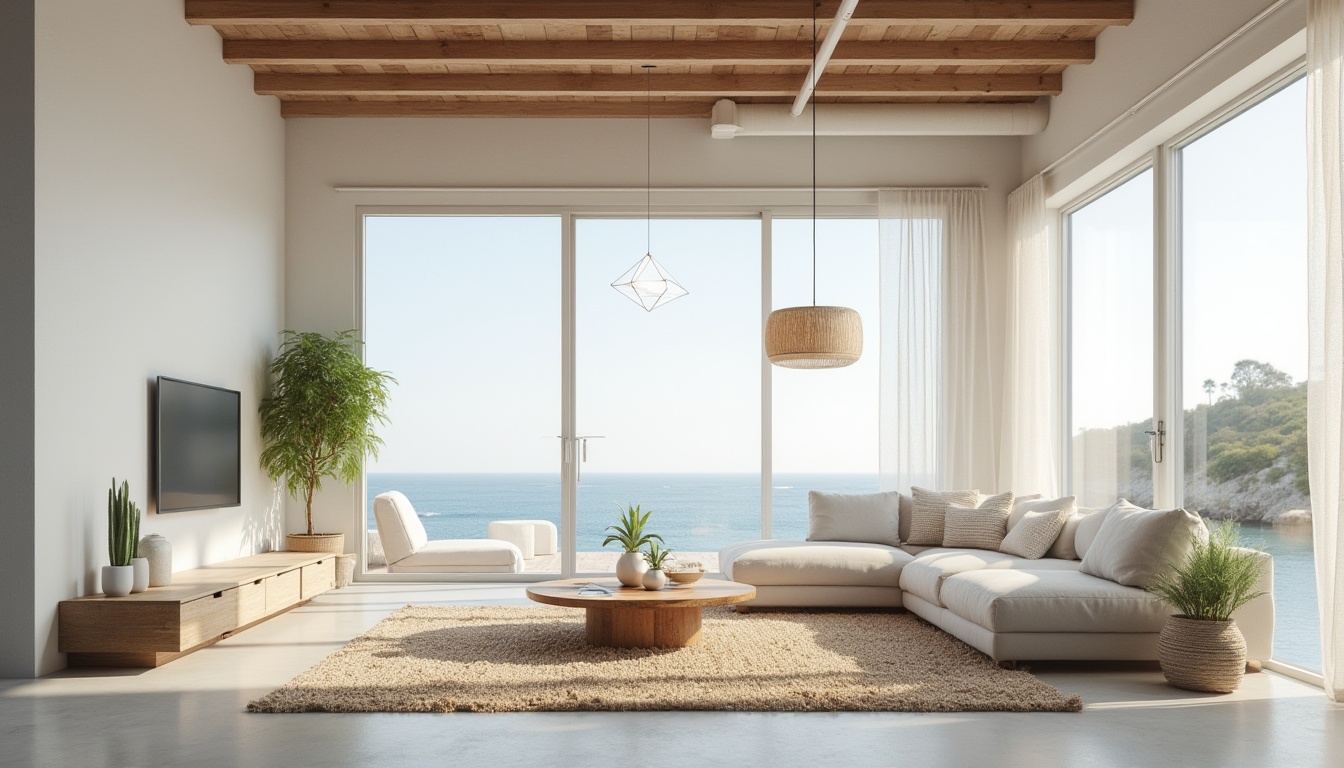 Prompt: Minimalist coastal loft, modern industrial chic, large windows, panoramic ocean view, natural light pouring in, white walls, polished concrete floors, wooden beams, exposed ductwork, sleek lines, minimalist furniture, low-profile sectional sofa, reclaimed wood coffee table, woven sea grass rug, potted succulents, geometric pendant lighting, sheer curtains, beachy vibes, soft pastel colors, driftwood decorative accents, calm atmosphere, serene ambiance, soft focus, warm natural light, shallow depth of field.