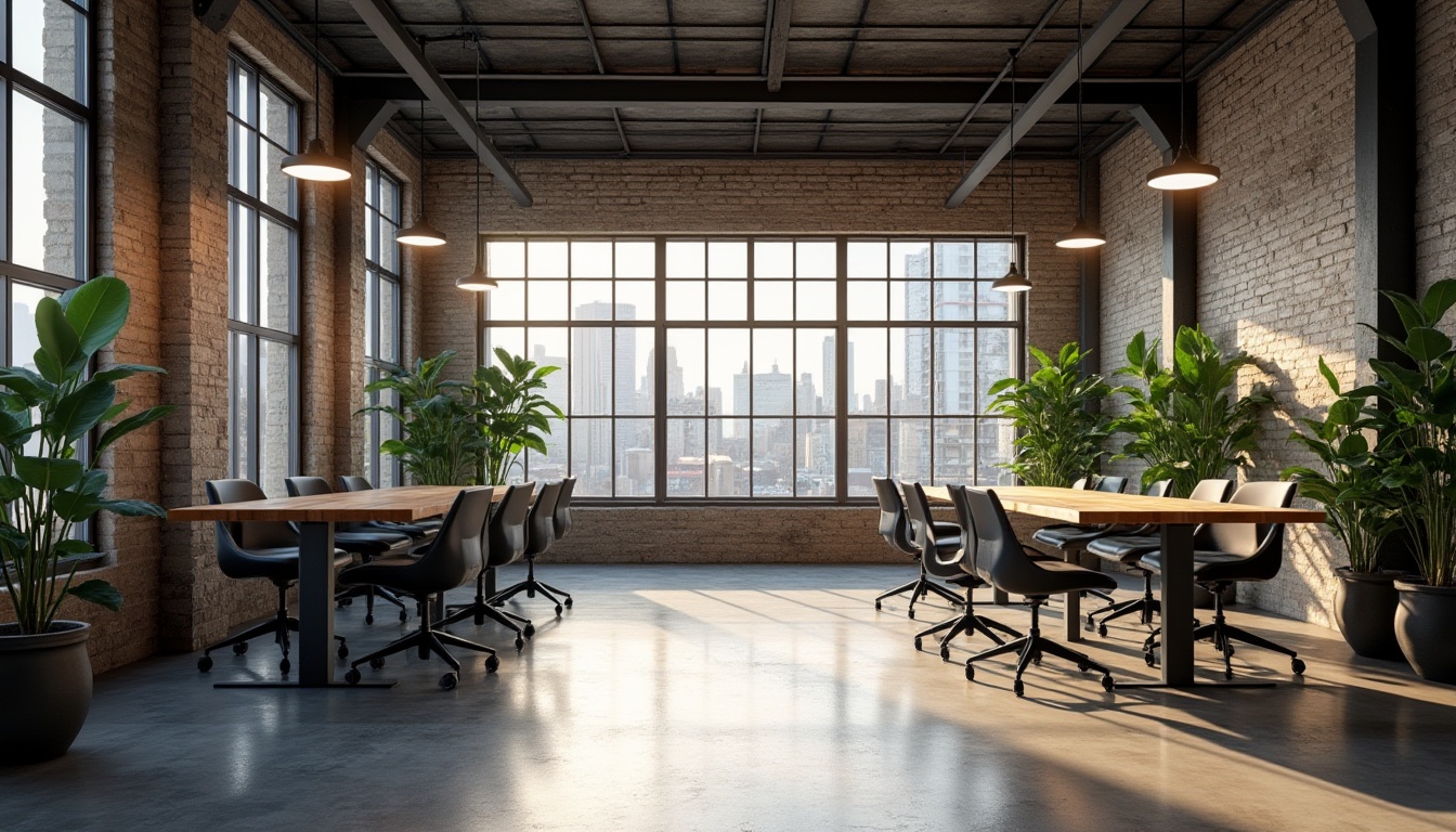 Prompt: Industrial chic functional space, converted warehouse, exposed brick walls, metal beams, polished concrete floors, minimal decor, modern industrial lighting, steel tables, ergonomic chairs, lush green plants, urban cityscape view, large windows, natural light pouring in, 3/4 composition, softbox lighting, morning sunlight.