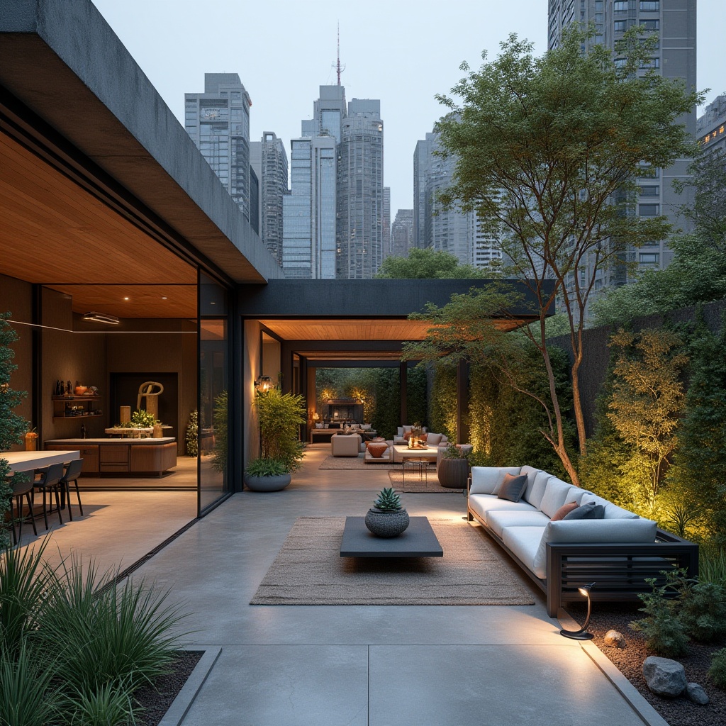 Prompt: Modern minimalist outdoor space, sleek lines, geometric shapes, industrial materials, concrete floor, wooden accents, steel beams, floor-to-ceiling windows, sliding glass doors, lush greenery, succulents, cacti, modern sculptures, abstract art pieces, ambient lighting, warm LED lights, cozy seating area, sectional sofas, minimalist coffee table, decorative planters, urban skyscraper backdrop, cityscape views, panoramic view, 3/4 composition, shallow depth of field, cinematic mood, HDR.