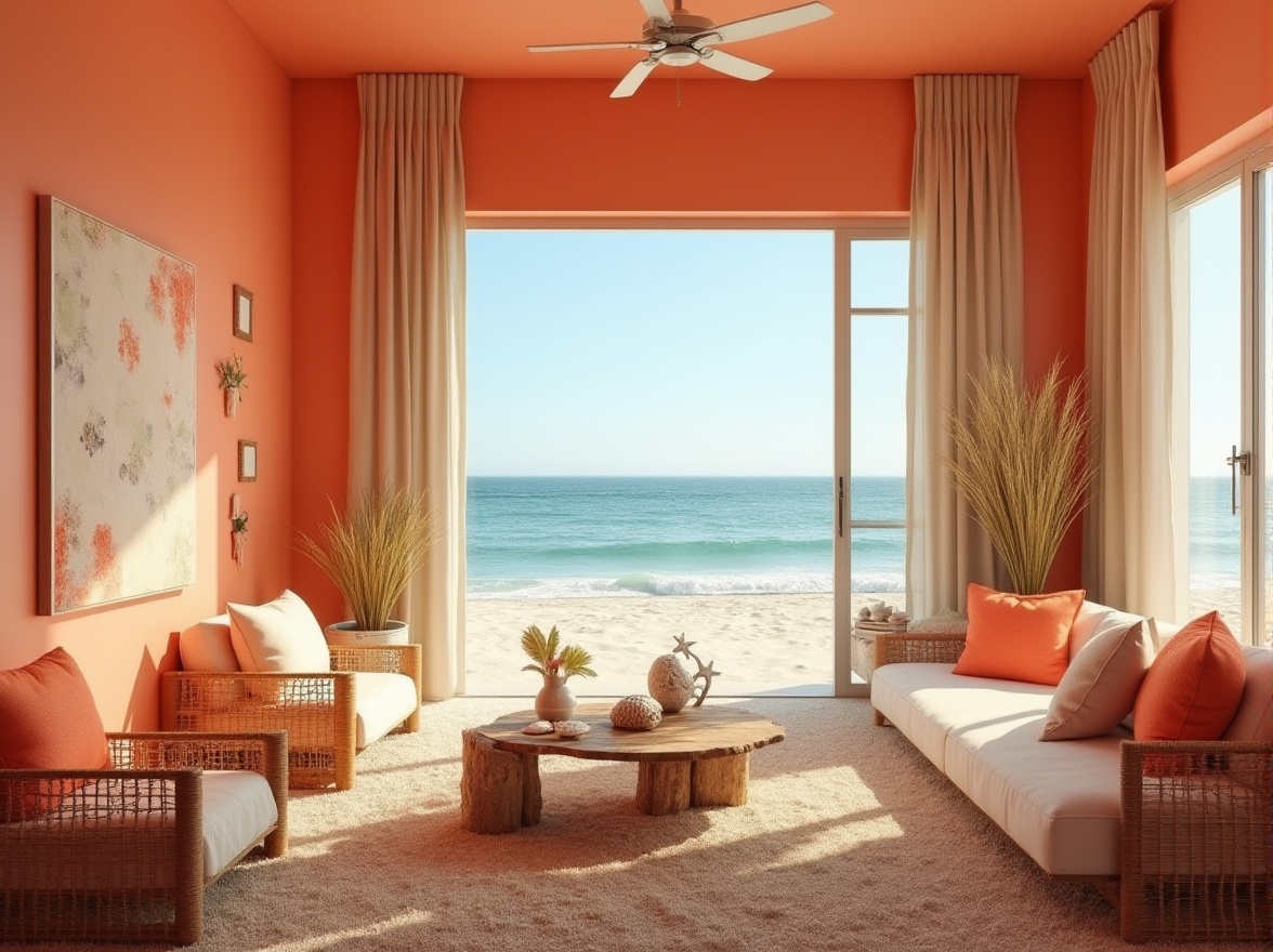 Prompt: Coastal villa, tangerine color accent wall, modern minimalist interior, large floor-to-ceiling windows, ocean view, gentle wave sounds, sandy beach, seaside resort, warm sunny day, soft natural light, 3/4 composition, shallow depth of field, vibrant coral-inspired decor, rattan furniture, driftwood coffee table, pampas grass, shells, starfish, conch shell wind chime, calm atmosphere, refreshing ambiance, HDR.