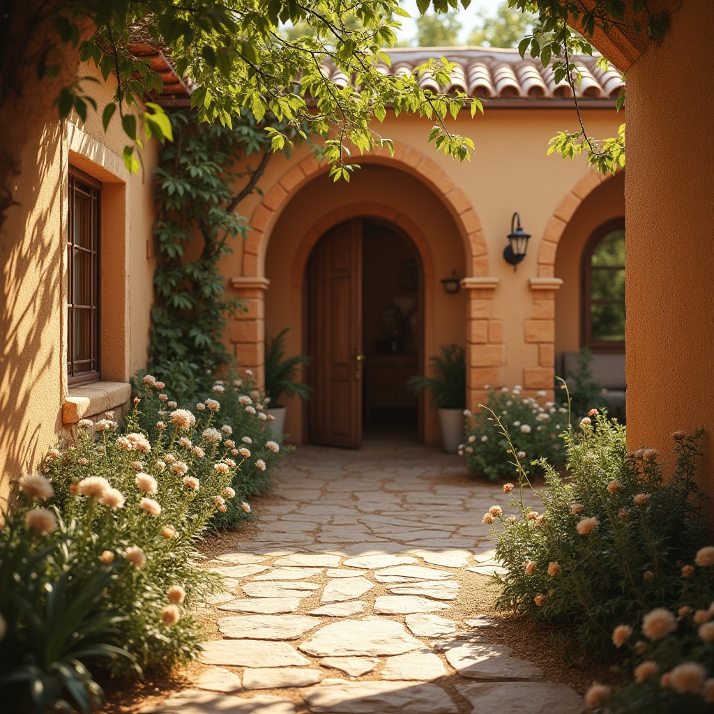 Prompt: Warm wheat color, rustic texture, natural material, villas, Mediterranean style, clay tiles, curved lines, earthy tone, soft lighting, warm ambiance, cozy atmosphere, inviting entrance, ornate door, lush greenery, blooming flowers, tranquil courtyard, serene background, shallow depth of field, cinematic composition.