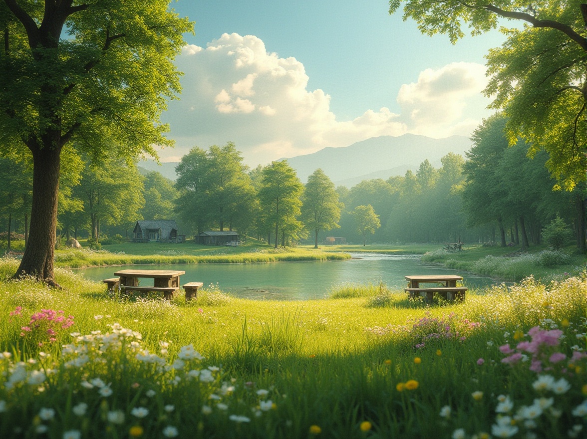 Prompt: Serenely peaceful meadow scene, sunny afternoon, warm gentle light, lush green grass, vibrant wildflowers blooming in pastel colors, few puffy white clouds drifting lazily, a serene lake or pond reflecting the sky, natural stone benches or wooden picnic tables, surrounded by tall trees with lush foliage, soft rustling of leaves, gentle breeze carrying sweet floral scents, warm and cozy atmosphere, shallow depth of field, cinematic composition, realistic texture, soft focus effect.