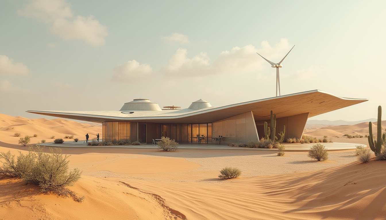 Prompt: Desert landscape, unique architecture, sand dunes, cacti, sun-scorched earth, vast open spaces, futuristic buildings, sleek lines, metallic materials, reflective surfaces, angular shapes, innovative water harvesting systems, solar panels, wind turbines, self-sustaining ecosystem, minimalist interior design, sandy beige color palette, harsh natural light, dramatic shadows, panoramic view, low-angle shot, cinematic composition.