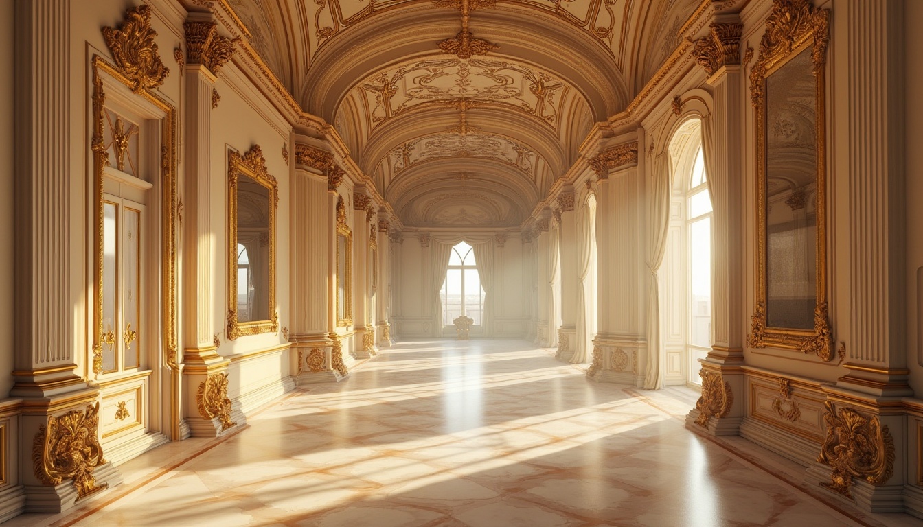 Prompt: Baroque architecture, ornate decoration, grandiose interior, cream color walls, golden frames, intricate carvings, marble floors, velvet drapes, lavish furnishings, regal atmosphere, soft warm lighting, dramatic shadows, rich textures, opulent details, 3/4 composition, symmetrical arrangement, high-angle shot, warm tone, cinematic ambiance.