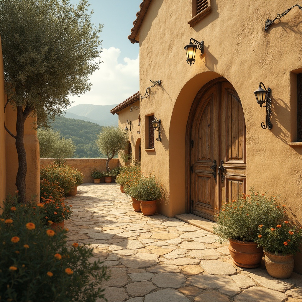 Prompt: warm beige wheat color, rustic texture, natural material, earthy tone, cozy atmosphere, vintage villa, Mediterranean style, curved lines, soft arches, warm lighting, golden hour, sunny afternoon, gentle breeze, rolling hills, Tuscany landscape, olive trees, blooming wildflowers, stone pathways, distressed wood doors, ornate metal gates, serene ambiance, inviting exterior.