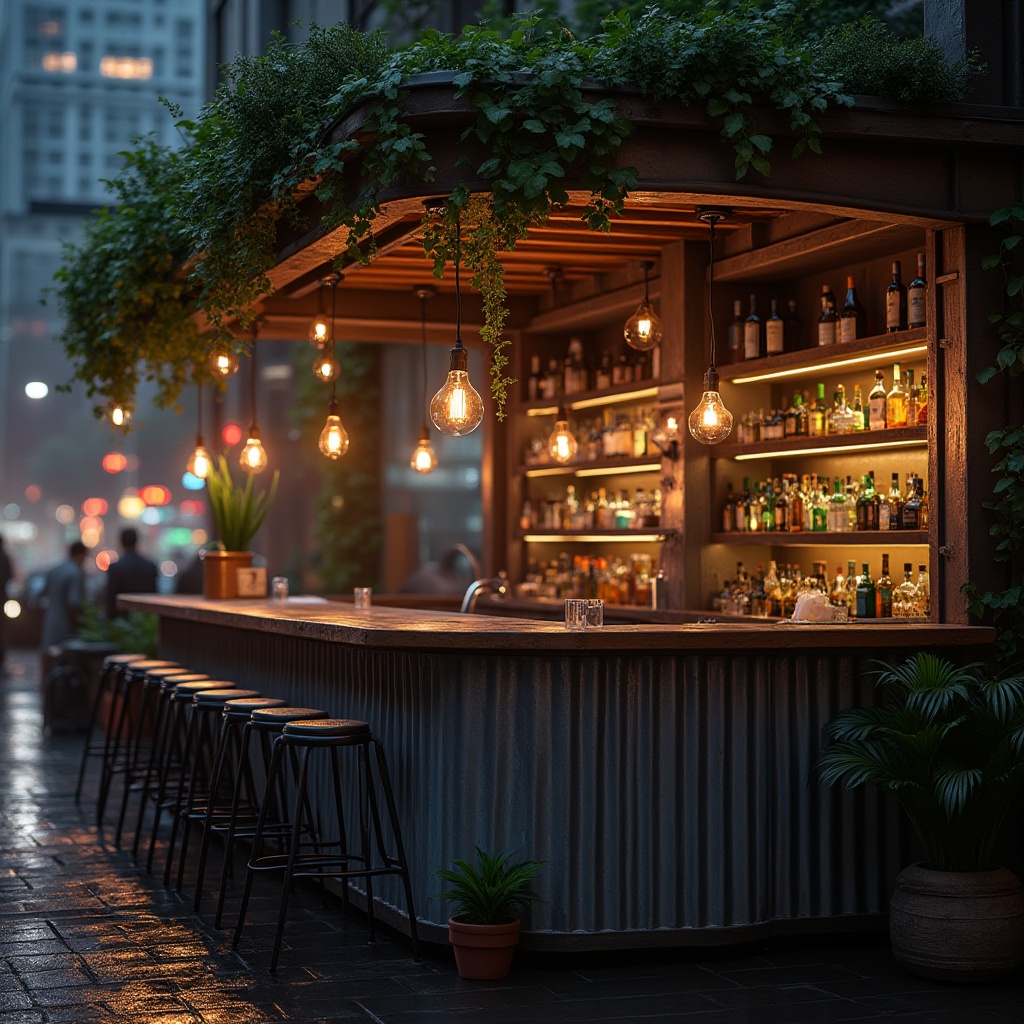 Prompt: Industrial chic urban bar, galvanized steel accents, reclaimed wood, green roof, lush vines, modern minimalist decor, sleek lines, metal stools, Edison bulbs, dim warm lighting, nighttime atmosphere, cityscape background, skyscrapers, bustling streets, rain-soaked pavement, misty ambiance, cinematic composition, shallow depth of field.