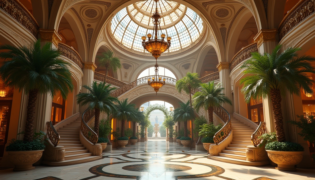 Prompt: Luxurious shopping center, Art Nouveau style, grand entrance, ornate metal gates, curved lines, flowing patterns, stained glass ceiling, intricate mosaics, elegant chandeliers, sweeping staircases, opulent marble floors, lush greenery, potted palms, flower arrangements, soft warm lighting, 3/4 composition, cinematic angle, shallow depth of field, warm color tone, high-end brand stores, fashion boutiques, jewelry shops, upscale restaurants, grand fountain, water features, natural stone walls, ornate metal railings.