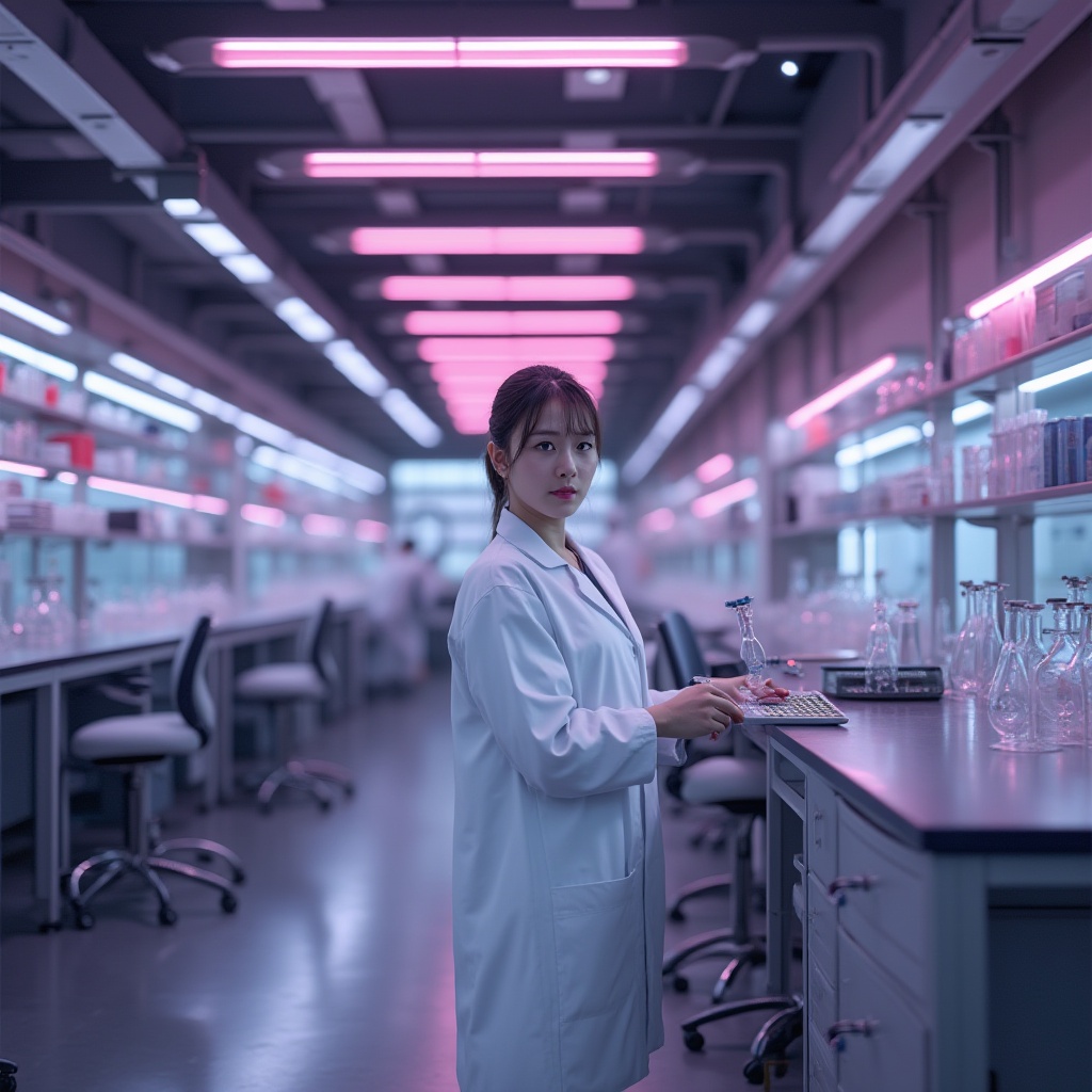 Prompt: Laboratory interior, plum color accents, futuristic equipment, sleek metal surfaces, glass beakers, test tubes, scientist in white coat, goggles on forehead, ponytail hair, minimal makeup, focused expression, standing, hands holding pipette, modern LED lighting, polished concrete floor, rows of laboratory tables, ergonomic chairs, subtle plum color highlights on walls and cabinets, 3/4 composition, shallow depth of field, realistic texture, ambient light, cinematic atmosphere.