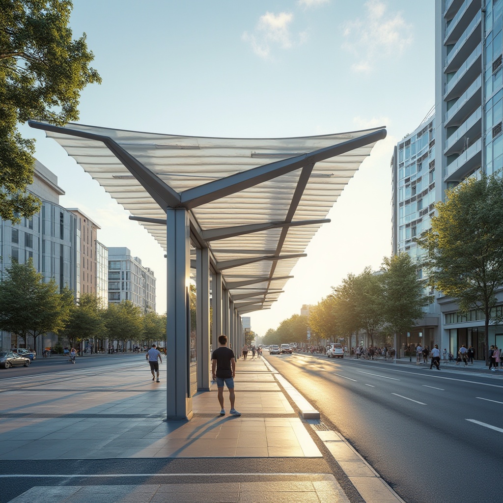 Prompt: Modern bus station, fibreglass roofing, translucent panels, natural daylight, energy-efficient, cost-effective, durable material, weather resistance, low maintenance, sleek design, clean lines, minimalist architecture, urban setting, cityscape, bustling streets, afternoon sunlight, soft shadows, warm ambient lighting, 3/4 composition, panoramic view.