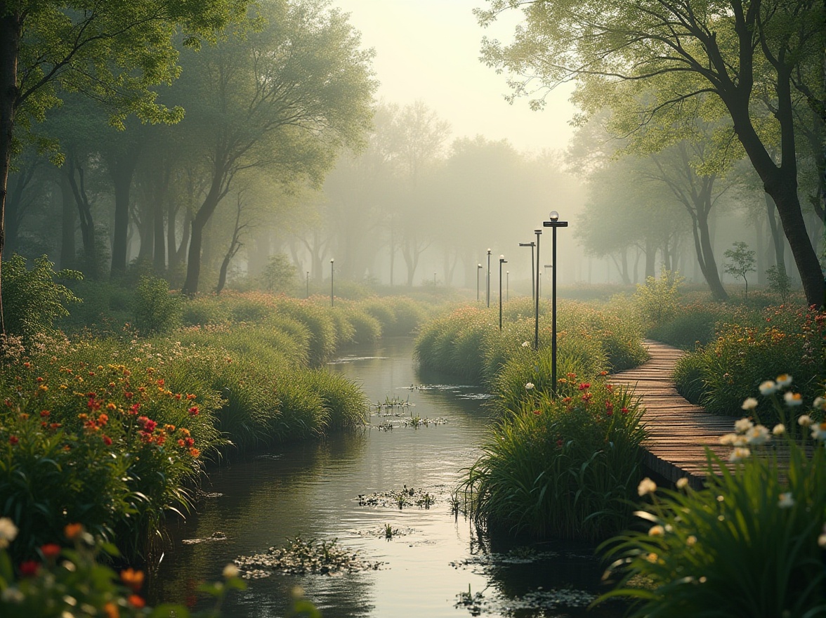 Prompt: Romantic wetland, sustainable design, lush greenery, vibrant flowers, wooden boardwalk, gentle streams, natural ponds, recycled materials, eco-friendly infrastructure, solar-powered lanterns, soft warm lighting, misty atmosphere, dreamy fog, serene ambiance, peaceful environment, 3/4 composition, panoramic view, soft focus, shallow depth of field, cinematic mood, warm color tone, realistic texture, natural details, subtle ripples on water surface.