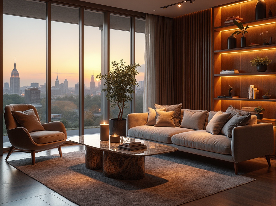 Prompt: Modern luxurious living room, stylish interior design, comfortable couch, velvet upholstery, wooden coffee table, marble top, ornate metal legs, soft cushions, warm lighting, plants on shelves, floor-to-ceiling windows, city skyline view, sunset ambiance, 3/4 composition, shallow depth of field, high-end furniture, elegant decor, ambient occlusion.