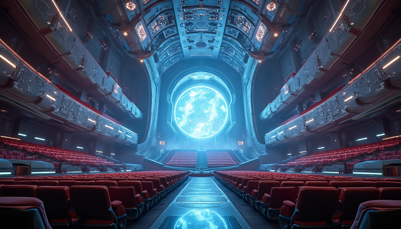 Prompt: Futuristic auditorium, fusion architecture, grandiose interior, ornate details, curved lines, gleaming metallic surfaces, LED lights, holographic projections, levitating platforms, avant-garde seating, spotlights, misty atmosphere, 3/4 composition, low-angle shot, cinematic lighting, HDR, symmetrical reflection, futuristic materials, glass, steel, neon lights, ambient glow.