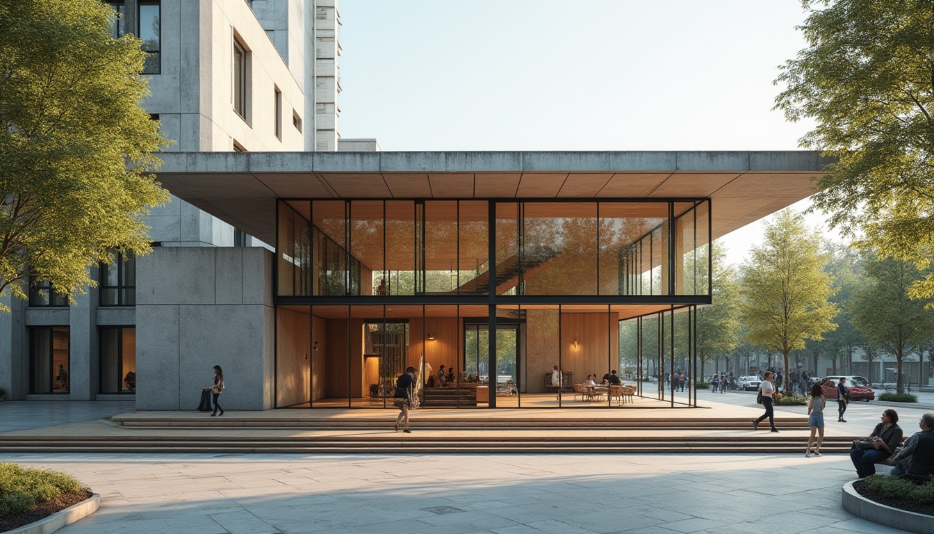 Prompt: Modern Bauhaus pavilion, simple geometric shapes, clean lines, minimal ornamentation, steel frame, glass walls, wooden floors, open layout, natural light, airy atmosphere, futuristic feel, urban setting, city square, trees surrounding, people walking by, sunny day, soft shadows, 3/4 composition, cinematic lighting.