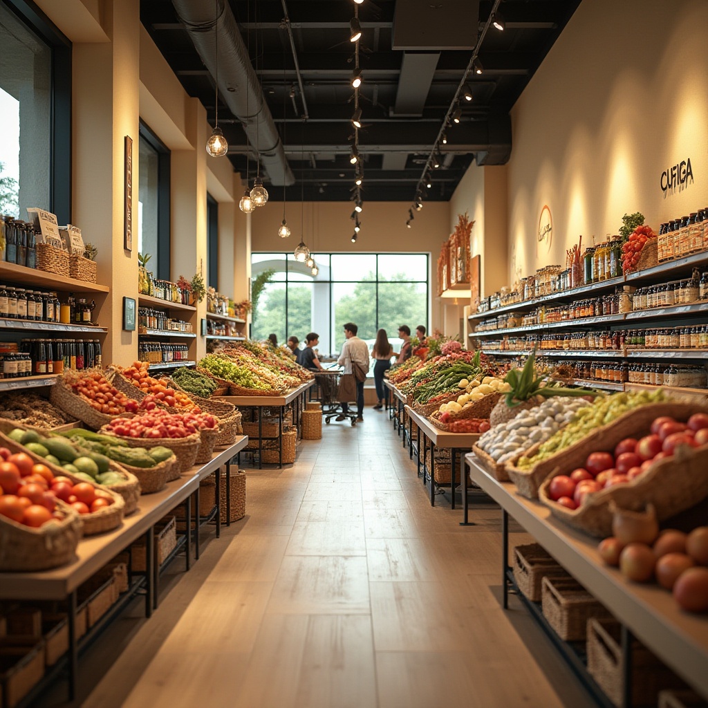 Prompt: Modern grocery store interior, shelves stacked with various products, vibrant colors, soft overhead lighting, natural light pouring in through large windows, wooden floor, metal racks, baskets filled with fresh fruits and vegetables, woven wicker baskets, cotton cloth draped over tables, polyester fabric banners hanging from ceiling, glass jars on shelves reflecting light, warm beige walls, minimalist decoration, subtle branding, customers walking down aisles, shopping carts rolling on wheels, 3/4 composition, shallow depth of field, soft focus, warm color tone.