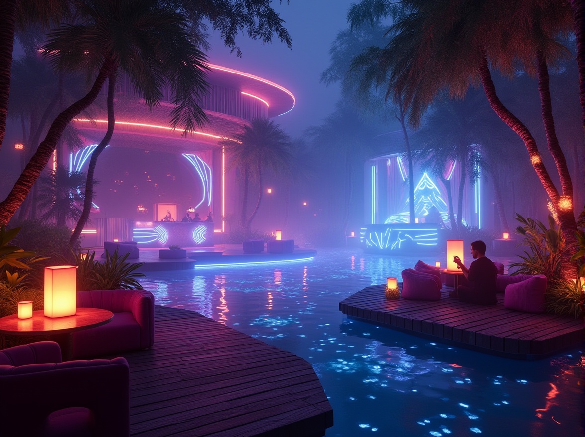 Prompt: Neon-lit nightclub, futuristic architecture, surrounded by mangrove forests, misty atmosphere, bioluminescent plants, iridescent colors, reflective water surface, wooden docks, lantern-like decorations, DJ booth with laser lights, dance floor with holographic projections, VIP area with luxurious velvet sofas, tropical flowers on tables, bartender with LED-infused cocktail shaker, 3/4 composition, low-angle shot, vibrant nightlife ambiance, misty fog effect, shallow depth of field, warm and soft lighting.