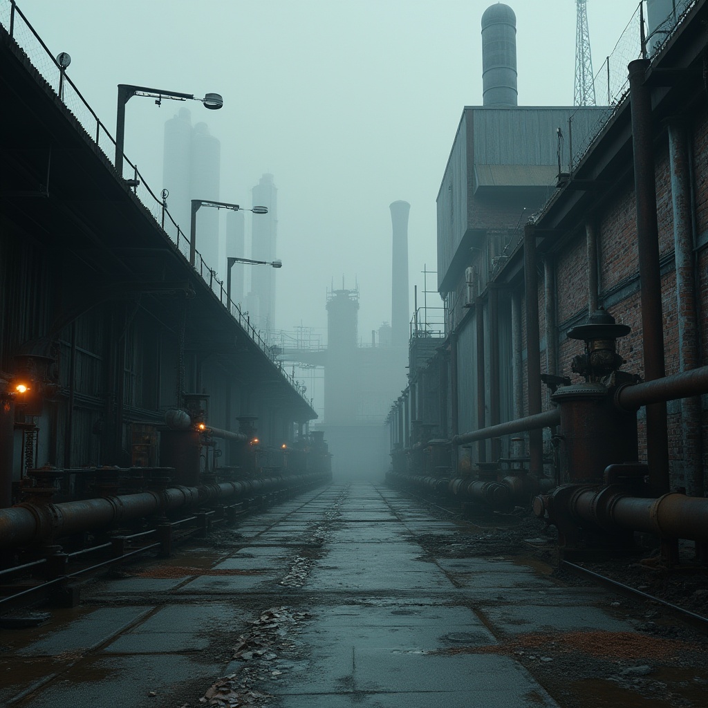 Prompt: Industrial area, factory buildings, metallic structures, rusty pipes, concrete floors, dimly lit, misty atmosphere, foggy morning, industrial equipment, machinery parts, valves, gauges, steel beams, corrugated roofs, brick walls, barbed wire fences, smokestacks, urban landscape, dramatic lighting, low-angle shot, cinematic composition.