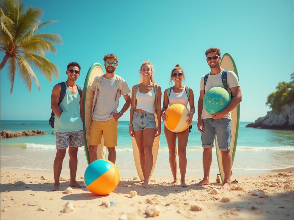 Prompt: Successful university students, group of 5, standing, smiling, relaxed, casual wear, sunglasses, beach balls, surfboards, tropical plants, palm trees, clear blue sky, bright sunlight, warm sandy beach, seashells, driftwood, shallow water, gentle waves, coastal erosion, sunny afternoon, vibrant colors, soft focus, cinematic composition, 3/4 view.