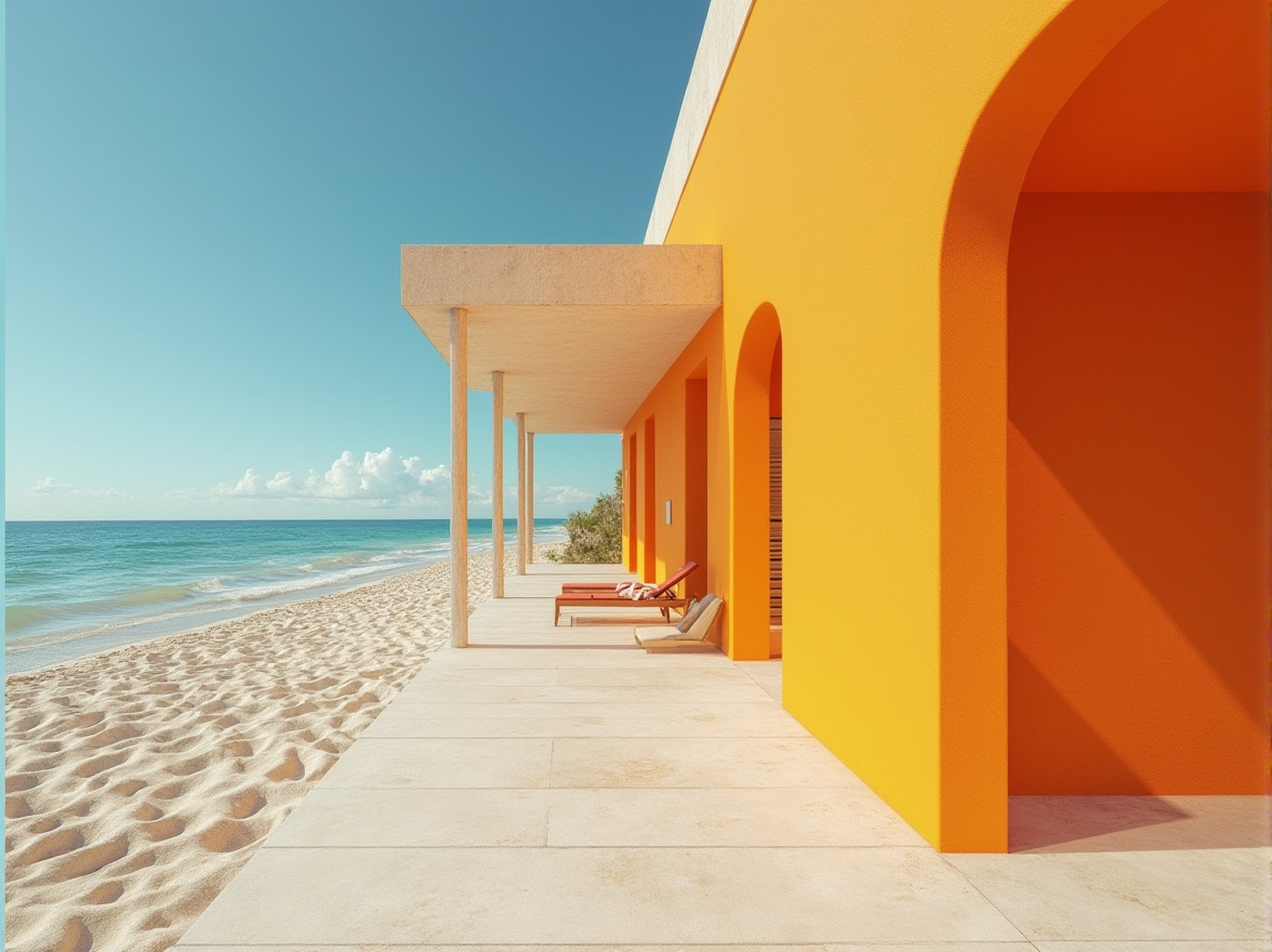 Prompt: Vibrant beach modernism, tangerine accent wall, complementing colors