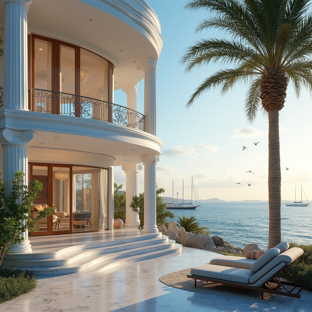 Prompt: Mediterranean coastal villa, combining traditional Greek columns, modern minimalist lines, white stucco walls, blue glazed roof tiles, large windows with wooden shutters, ornate ironwork balconies, curved staircase, luxurious interior with marble floors, crystal chandeliers, plush sofas, panoramic ocean view, palm trees swaying in the breeze, sailboats docked at a nearby pier, seagulls flying overhead, warm sunset lighting, long shadows cast on the sand, 3/4 composition, cinematic depth of field, realistic texture.