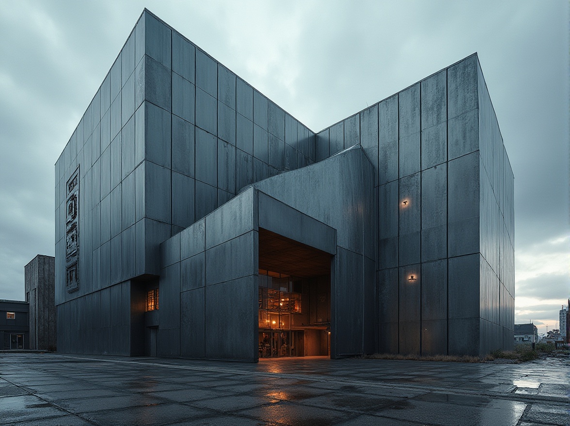 Prompt: Modern architectural design, steel-framed materials, futuristic building, sleek lines, metallic texture, reflective surface, urban cityscape, cloudy sky, low-angle shot, dramatic lighting, contrast between old and new, abandoned factory, rebirth, industrial chic, brutalism, abstract composition, high-contrast color palette.