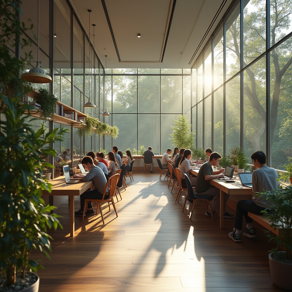 Prompt: Modern student hall, glass facade, transparent walls, sleek lines, minimalist interior design, young adults studying, laptops open, books scattered, cozy atmosphere, warm lighting, wooden flooring, greenery on shelves, natural light pouring in, reflection of trees outside, calm ambiance, morning sunlight, 3/4 composition, shallow depth of field.