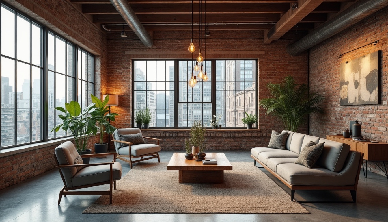 Prompt: industrial chic urban loft, exposed brick walls, high ceilings, wooden beams, metal pipes, large windows, cityscape view, modern minimalist furniture, sleek lines, low-profile sofa, reclaimed wood coffee table, industrial metal chairs, Edison bulb lighting, concrete floors, area rug, abstract artwork, greenery, potted plants, natural textiles, earthy tones, warm ambiance, cozy atmosphere, panoramic view, 3/4 composition, soft box lighting.