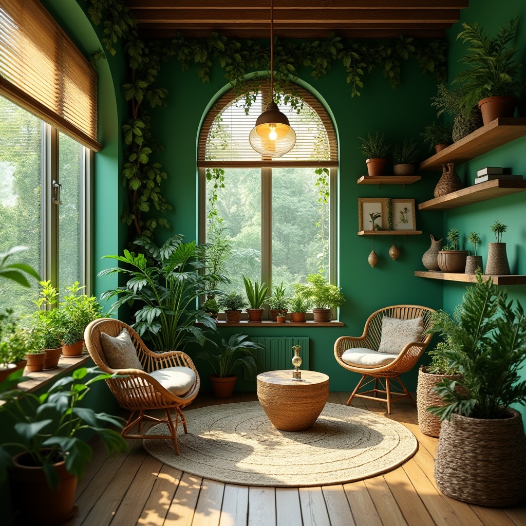 Prompt: Vibrant green walls, natural textures, leaf patterns, wooden floorboards, wicker furniture, potted plants, vines crawling up shelves, earthy tones, moss accents, jungle-inspired decor, floor-to-ceiling windows, lush greenery views, morning sunlight filtering through blinds, cozy reading nook, nature-inspired sculptures, woven baskets, soft forest lighting, 3/4 composition.