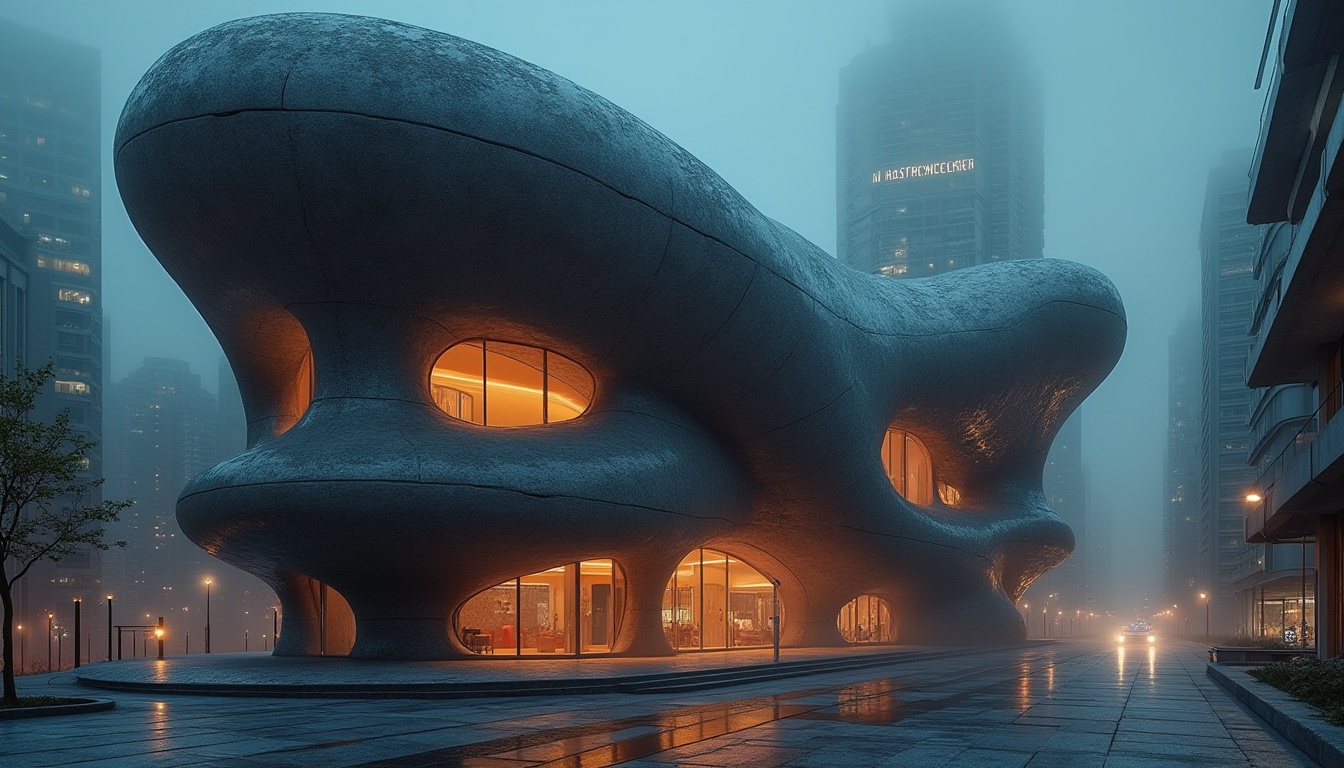 Prompt: Masonry material, blob architecture, futuristic building, irregular shape, curvy lines, rough stone texture, concrete structure, metallic accents, glowing neon lights, urban cityscape, night scene, dramatic shadows, atmospheric mist, low-angle shot, cinematic composition, HDR effect.