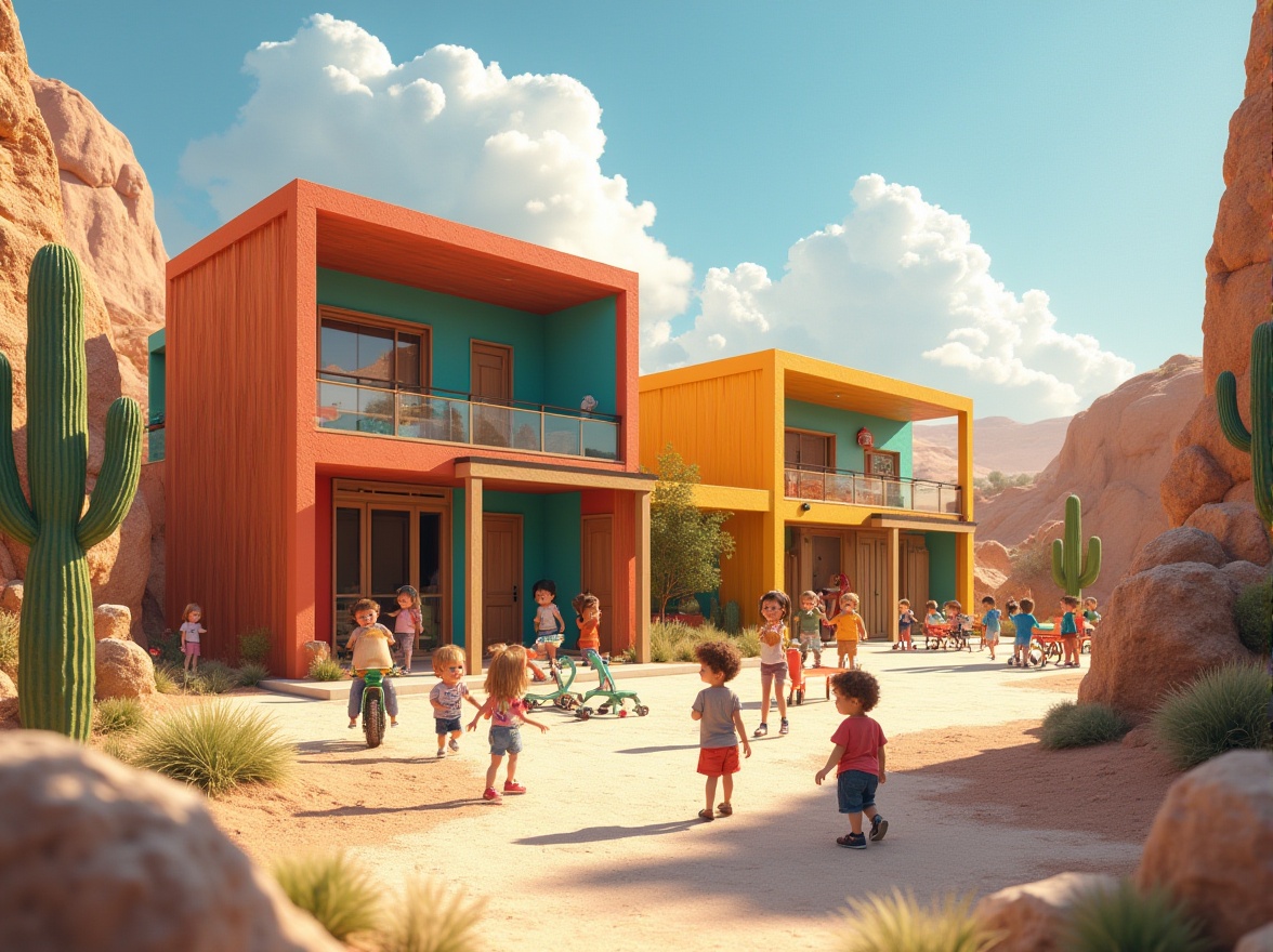 Prompt: Canyon theme, kindergarten design, unique approach, modern architecture, colorful building, vibrant walls, wooden accents, large windows, natural light, open play area, educational toys, diverse children, smiling faces, energetic atmosphere, desert landscape, rocky formations, cacti, sunny day, clear blue sky, fluffy white clouds, warm lighting, shallow depth of field.